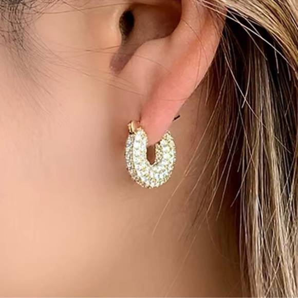Gold Crystal Pave White Diamonds CZ Hoop Earrings - Picture 2 of 5